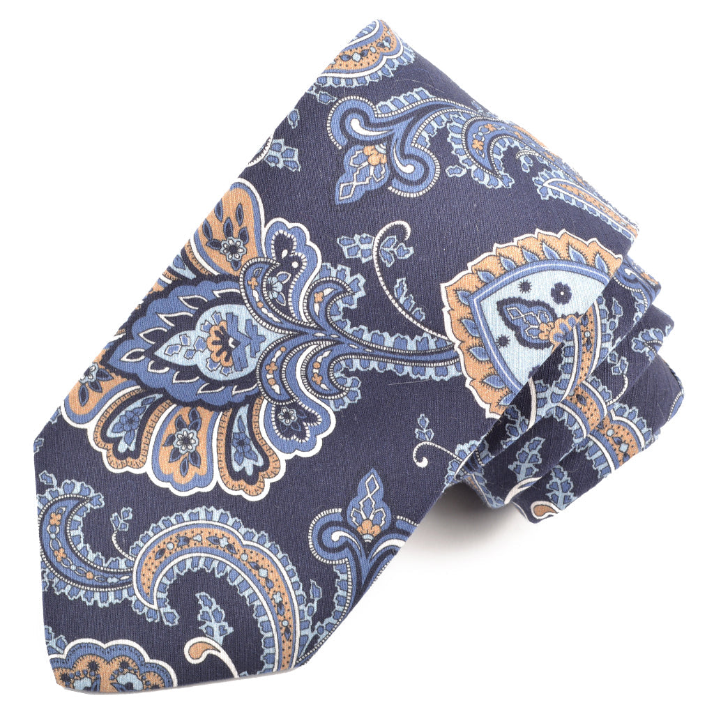 Navy, Sand, and Grey Decorative Paisley Printed Cotton and Silk Shantung Tie by Dion Neckwear