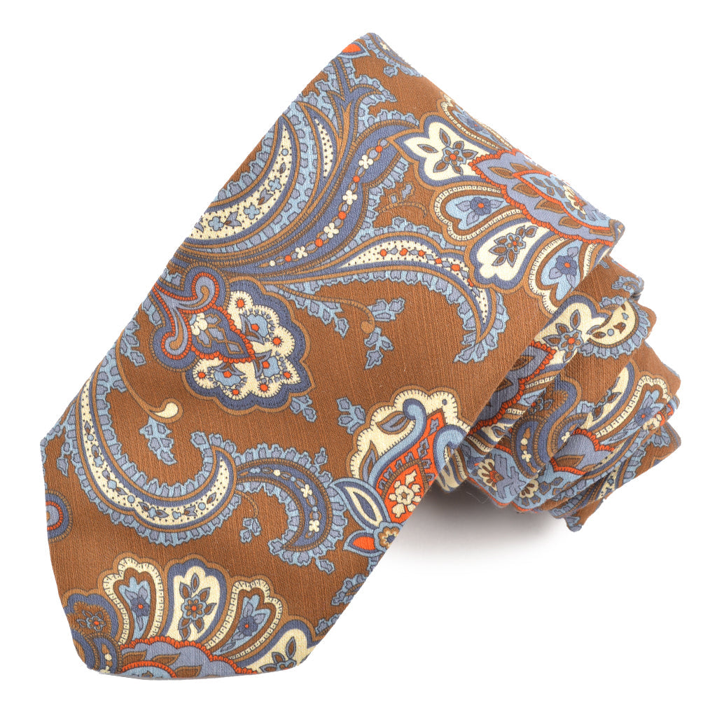 Mocha, Sky, and Orange Decorative Paisley Printed Cotton and Silk Shantung Tie by Dion Neckwear