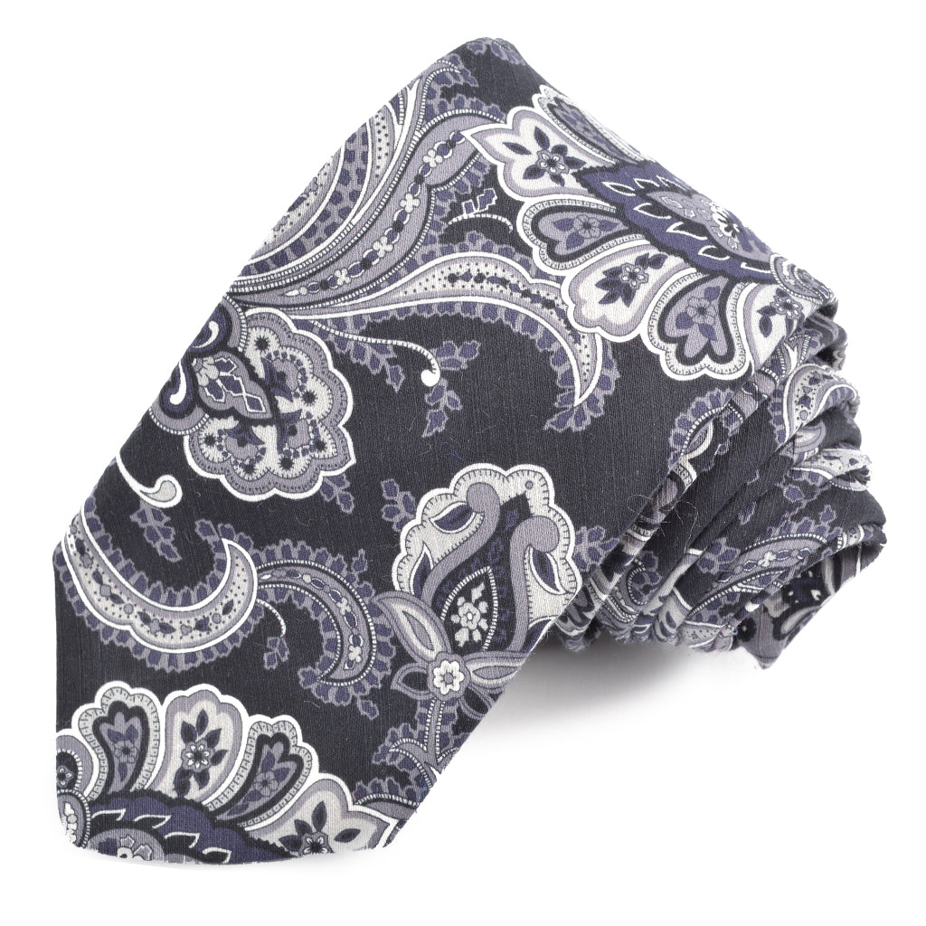 Black, Charcoal, and Stone Decorative Paisley Printed Cotton and Silk Shantung Tie by Dion Neckwear