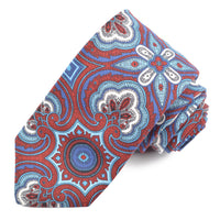 Wine, Denim, and Powder Blue Medallion Paisley Printed Cotton and Silk Shantung Tie by Dion Neckwear