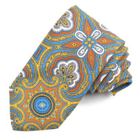 Gold, Orange, and French Blue Medallion Paisley Printed Cotton and Silk Shantung Tie by Dion Neckwear