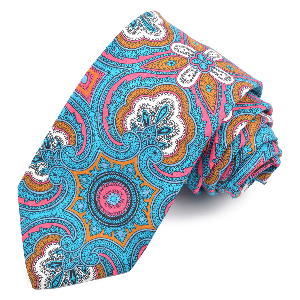 Teal, Pink, and Cognac Medallion Paisley Printed Cotton and Silk Shantung Tie by Dion Neckwear