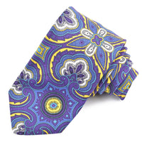 Purple, Yellow, and French Blue Medallion Paisley Printed Cotton and Silk Shantung Tie by Dion Neckwear