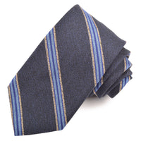 Navy, French Blue, and Latte Double Heather Tone Bar Stripe Silk, Wool, and Cotton Woven Tie by Dion Neckwear