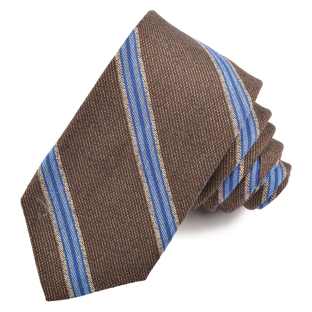 Mocha, Sky, and French Blue Double Heather Tone Bar Stripe Silk, Wool, and Cotton Woven Tie by Dion Neckwear