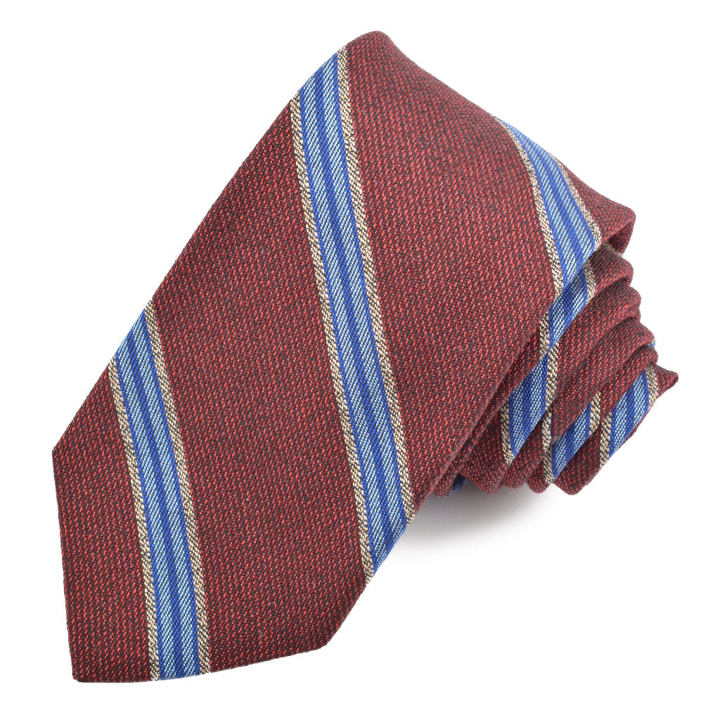 Red, Sky, and French Blue Double Heather Tone Bar Stripe Silk, Wool, and Cotton Woven Tie by Dion Neckwear