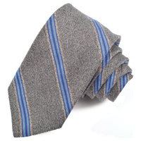 Grey, Sky, and French Blue Double Heather Tone Bar Stripe Silk, Wool, and Cotton Woven Tie by Dion Neckwear