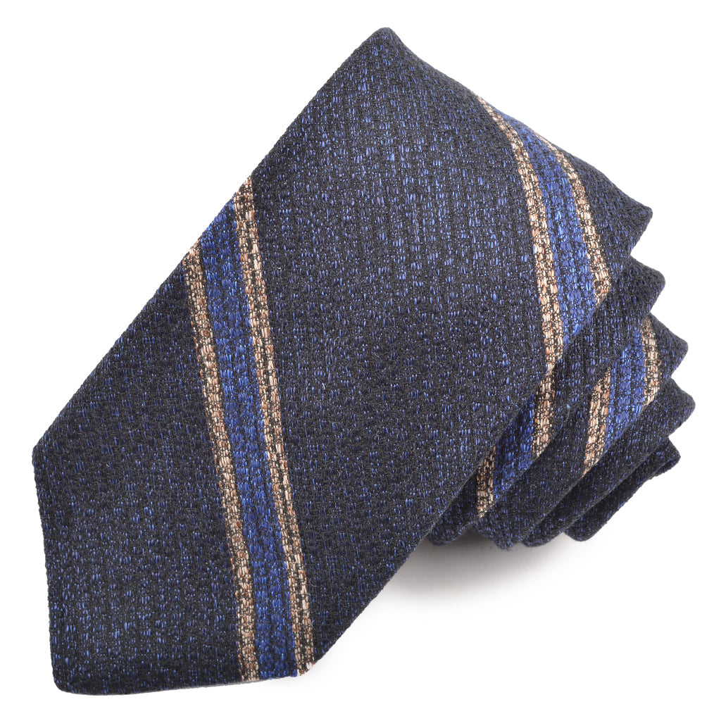 Navy, French Blue, and Tan Heather Tone Double Bar Stripe Silk, Wool, and Cotton Woven Tie by Dion Neckwear