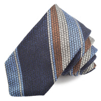 Navy, French Blue, and Mocha Heather Tone Multi Bar Stripe Silk, Linen, and Cotton Woven Tie by Dion Neckwear