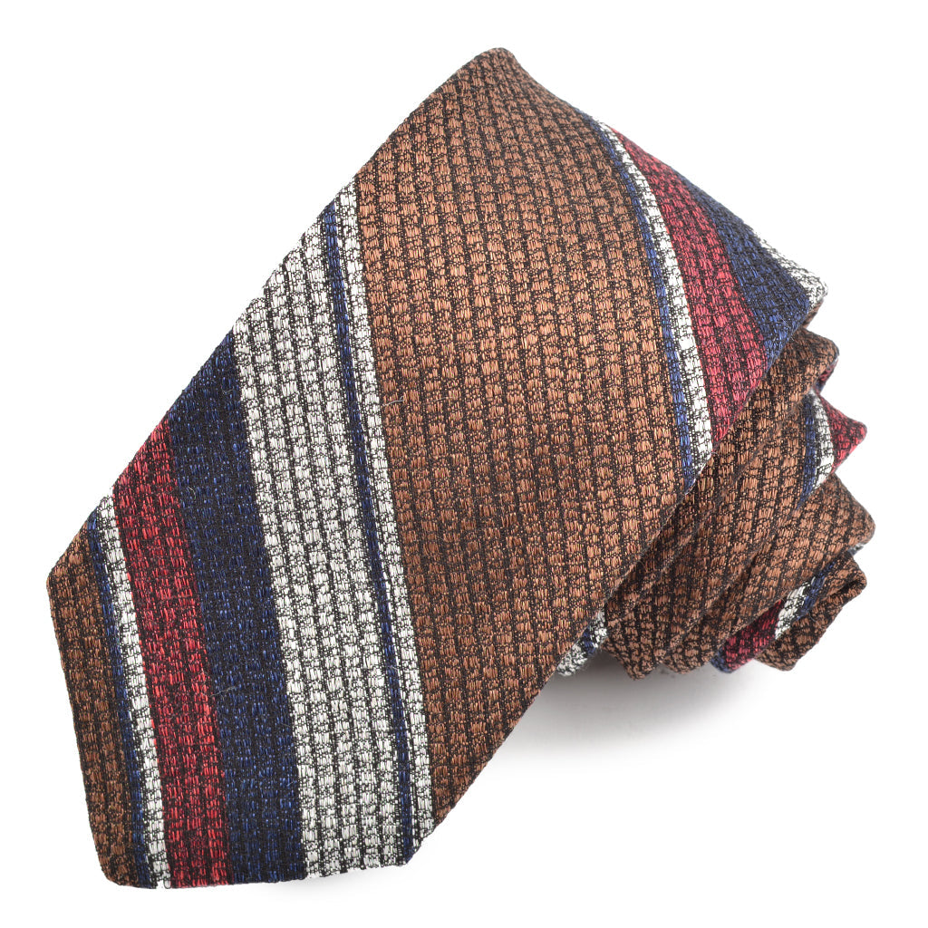 Mocha, Latte, and Red Heather Tone Multi Bar Stripe Silk, Linen, and Cotton Woven Tie by Dion Neckwear