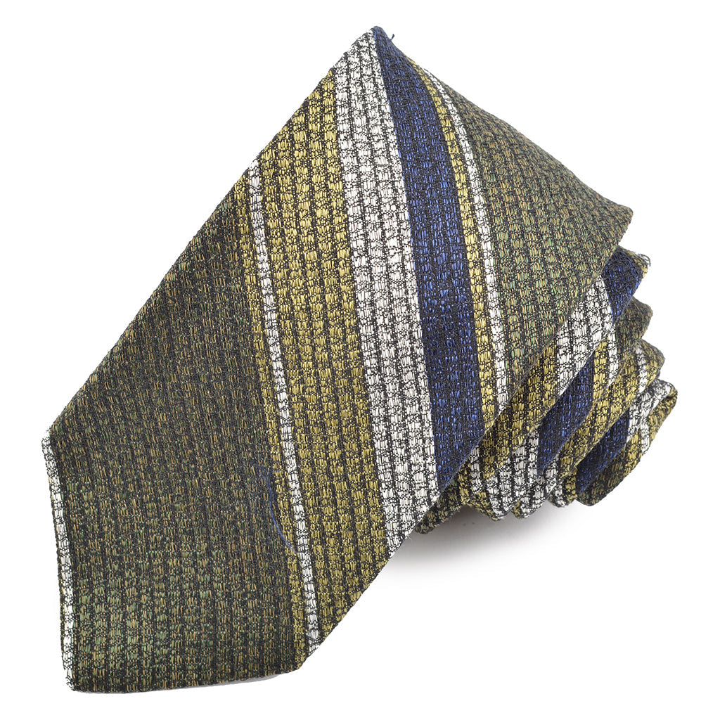 Army Green, Sage, and Navy Heather Tone Multi Bar Stripe Silk, Linen, and Cotton Woven Tie by Dion Neckwear
