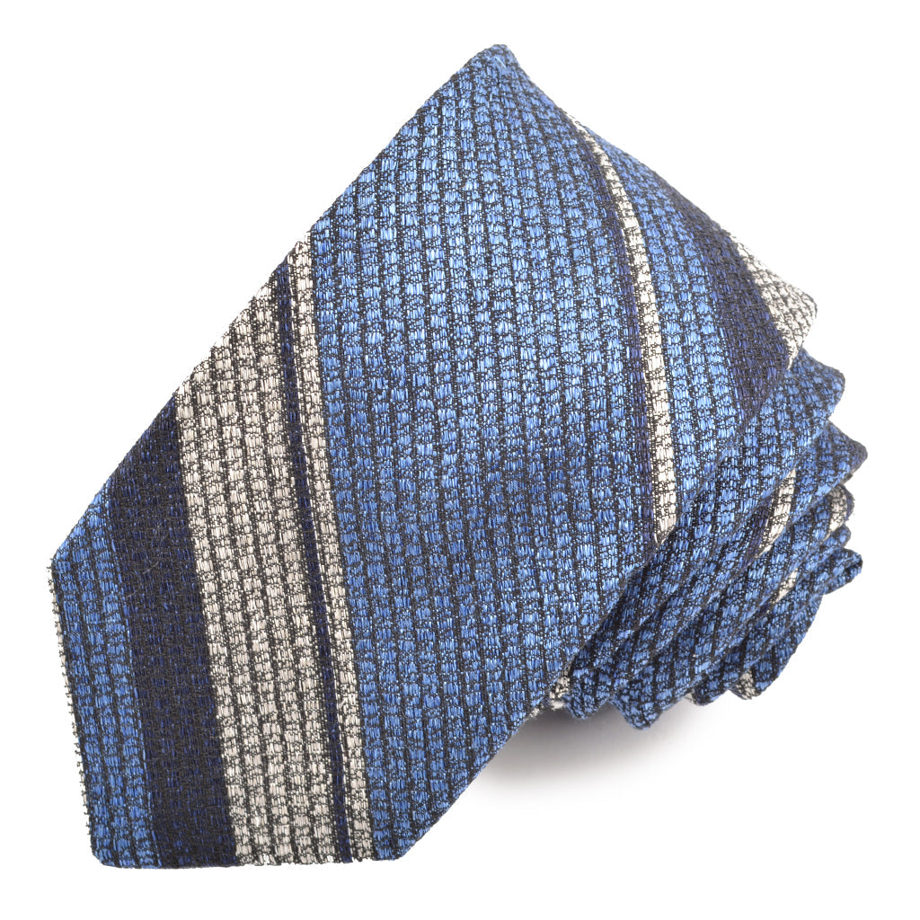 French Blue, Navy, and Latte Heather Tone Multi Bar Stripe Silk, Linen, and Cotton Woven Tie by Dion Neckwear