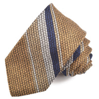 Gold, Navy, and Latte Heather Tone Multi Bar Stripe Silk, Linen, and Cotton Woven Tie by Dion Neckwear