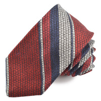 Red, Navy, and Latte Heather Tone Multi Bar Stripe Silk, Linen, and Cotton Woven Tie by Dion Neckwear