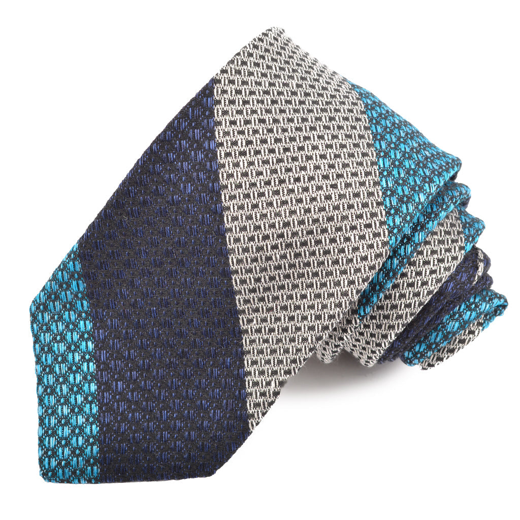 Aqua, Navy, and Latte Heather Tone Wide Bar Stripe Silk, Linen, and Cotton Woven Tie by Dion Neckwear