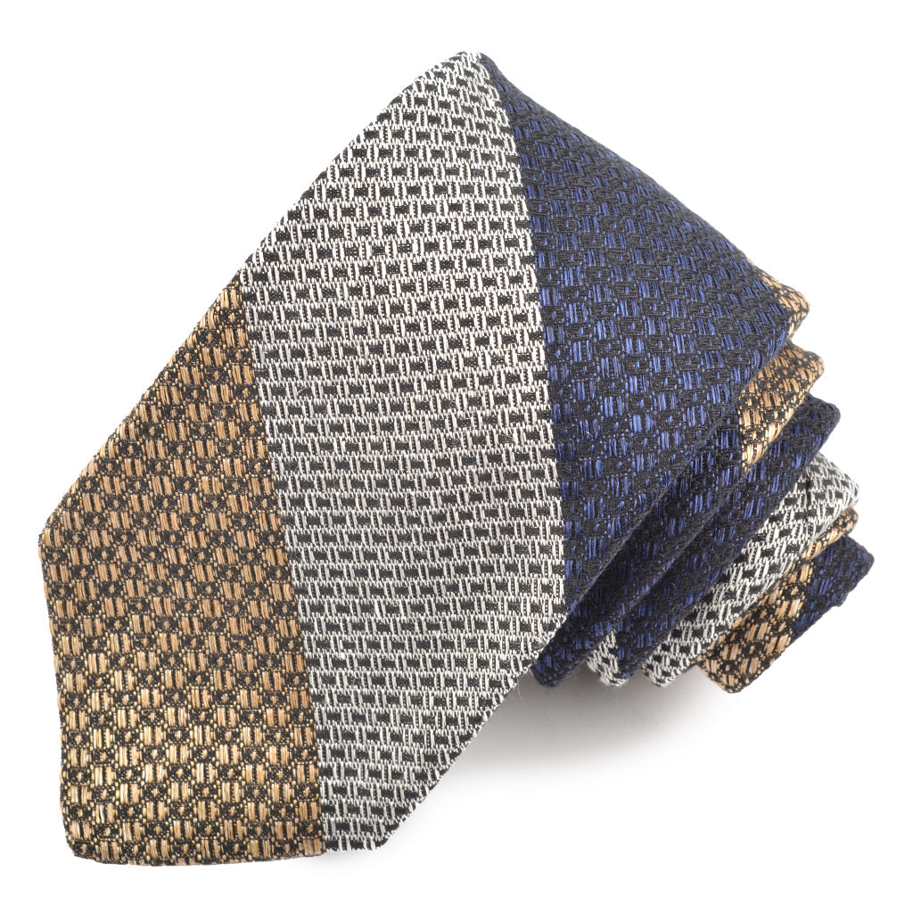 Sand, Navy, and Latte Heather Tone Wide Bar Stripe Silk, Linen, and Cotton Woven Tie by Dion Neckwear