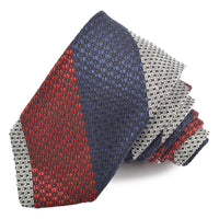 Red, Navy, and Latte Heather Tone Wide Bar Stripe Silk, Linen, and Cotton Woven Tie by Dion Neckwear