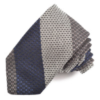 Grey, Navy, and Latte Heather Tone Wide Bar Stripe Silk, Linen, and Cotton Woven Tie by Dion Neckwear