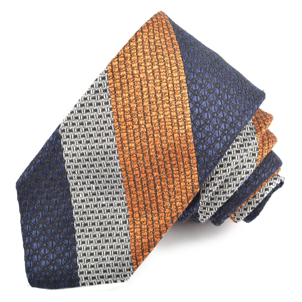 Melon, Navy, and Latte Heather Tone Wide Bar Stripe Silk, Linen, and Cotton Woven Tie by Dion Neckwear