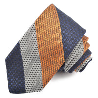 Melon, Navy, and Latte Heather Tone Wide Bar Stripe Silk, Linen, and Cotton Woven Tie by Dion Neckwear