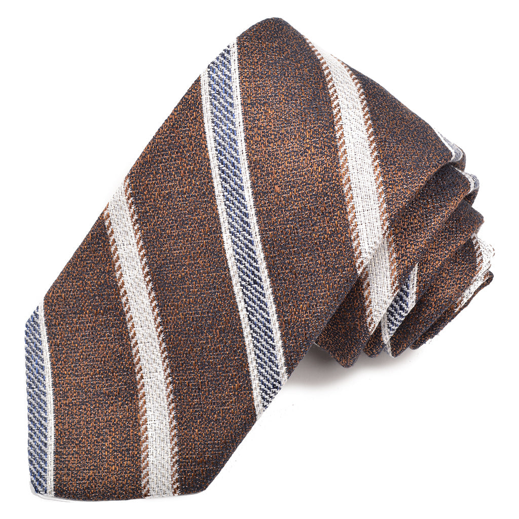 Mocha, Black, and Latte Textured Bar Stripe Woven Silk, Cotton, and Linen Tie by Dion Neckwear