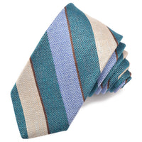 Teal, Sky, and Latte Textured Bar Stripe Woven Silk, Cotton, and Linen Tie by Dion Neckwear