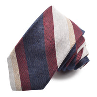 Navy, Wine, and Latte Mélange Multi Bar Stripe Cotton, Linen, & Silk Jacquard Tie by Dion Neckwear
