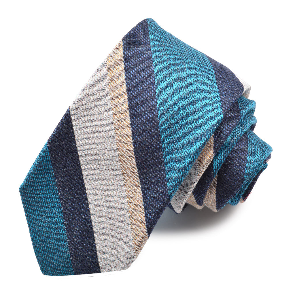 Teal, Navy, and Latte Mélange Multi Bar Stripe Cotton, Linen, & Silk Jacquard Tie by Dion Neckwear