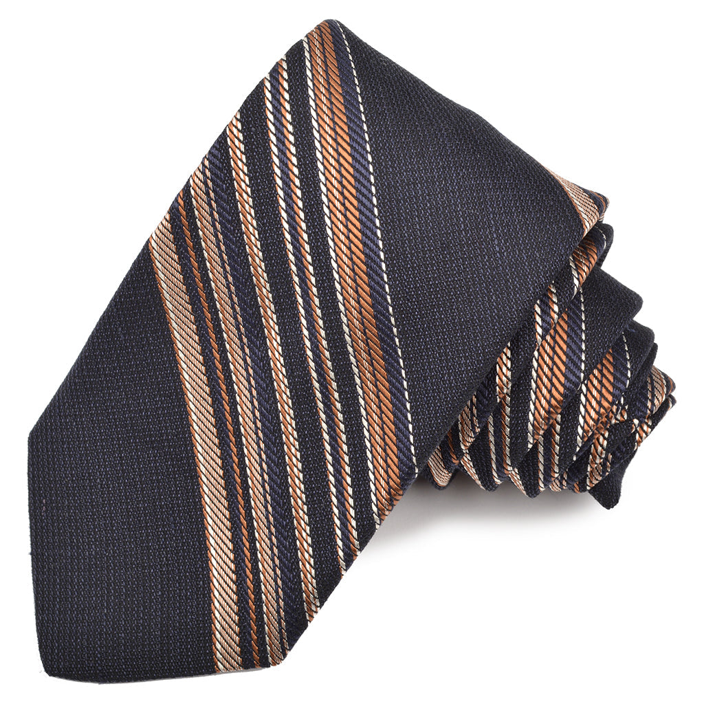 Navy, Tan, and Sand Melange Bar Stripe Woven Silk, Linen, and Cotton Jacquard Tie by Dion Neckwear