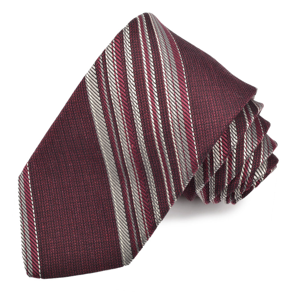 Burgundy, Grey, and Latte Mélange Multi Bar Stripe Woven Silk, Linen, and Cotton Tie by Dion Neckwear