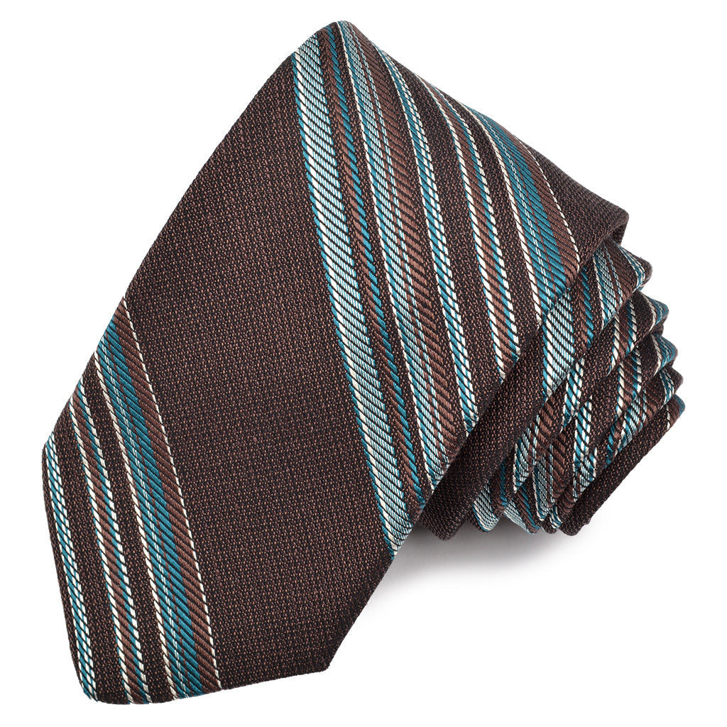 Mocha, Taupe, and Teal Mélange Multi Bar Stripe Woven Silk, Linen, and Cotton Tie by Dion Neckwear