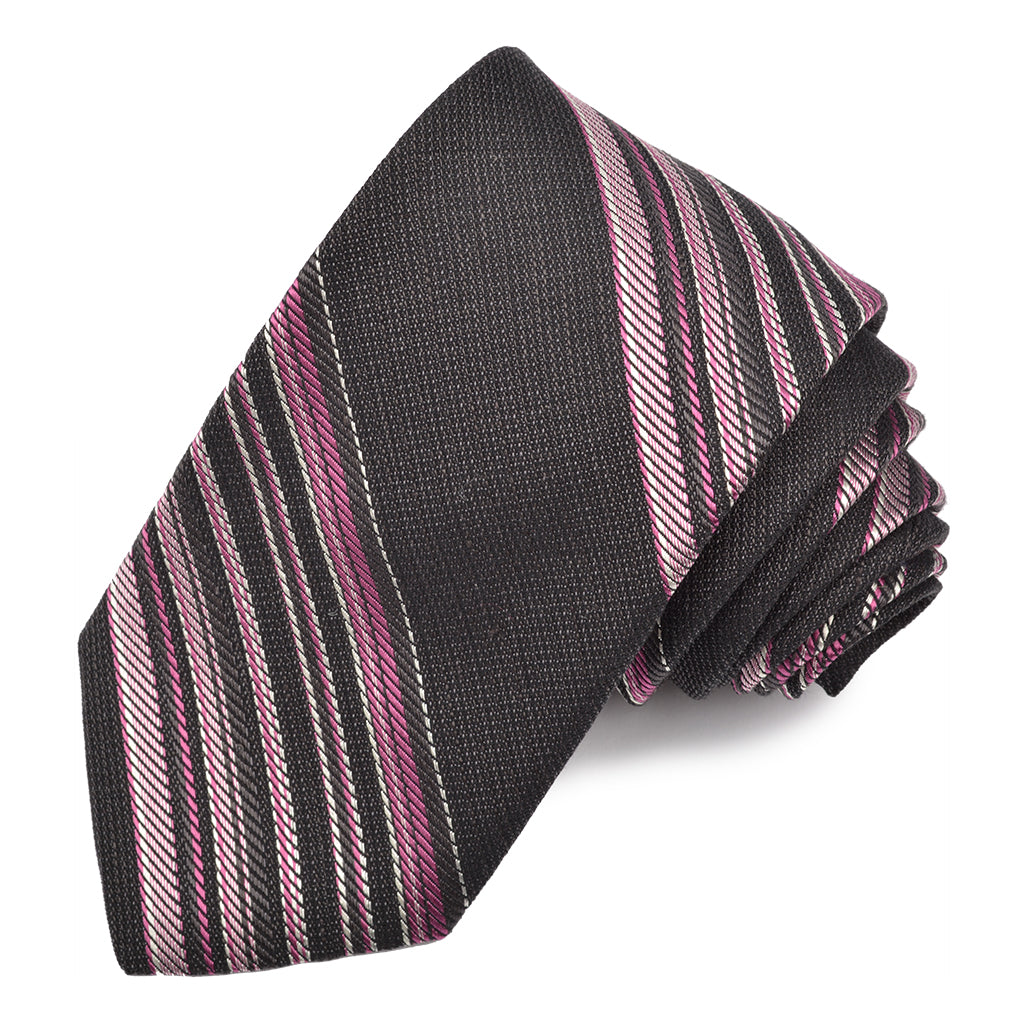 Black, Rose, and Blush Melange Bar Stripe Woven Silk, Linen, and Cotton Jacquard Tie by Dion Neckwear