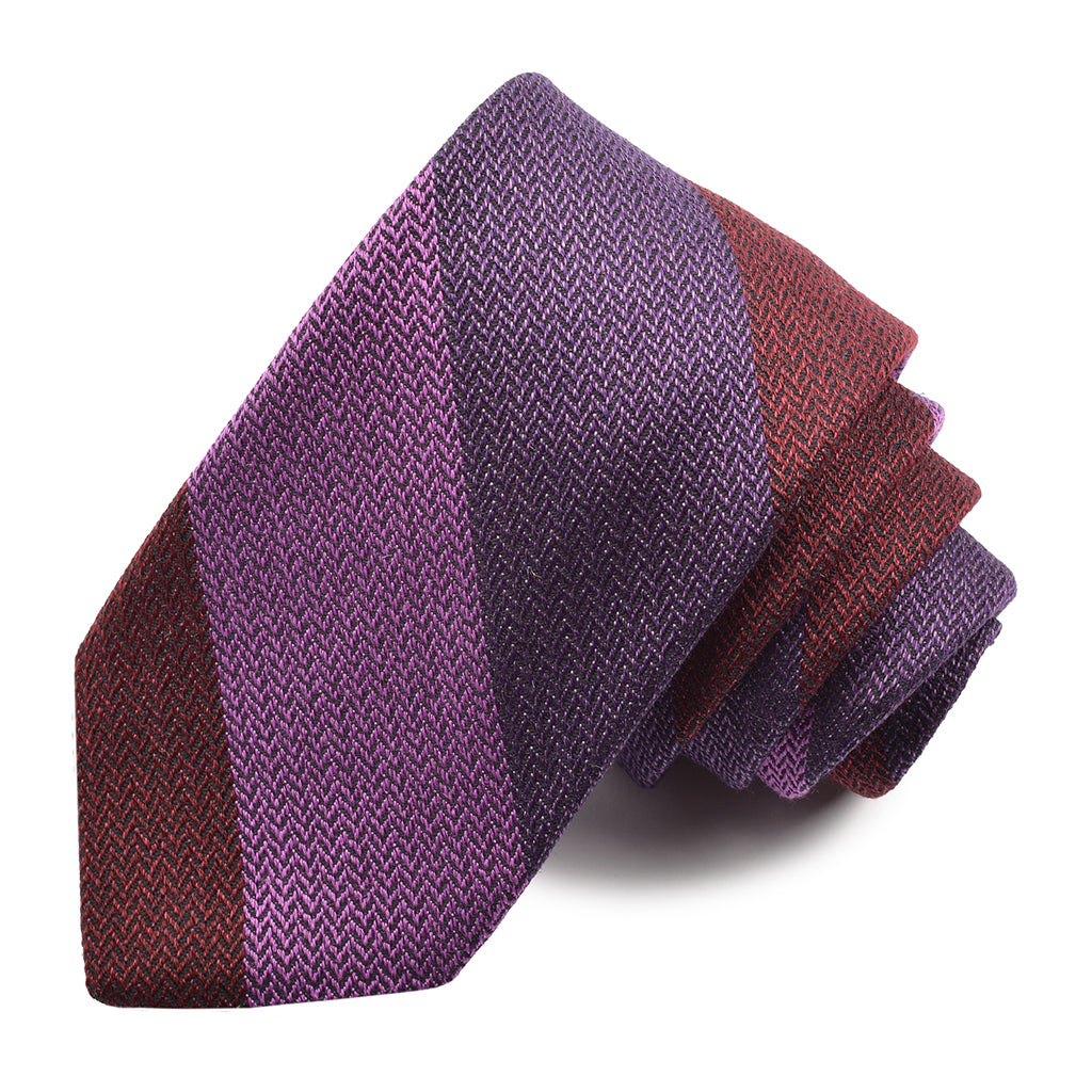 Purple, Wine, and Fuchsia Mélange Chevron Bar Stripe Woven Cotton, Wool, & Silk Jacquard Tie by Dion Neckwear