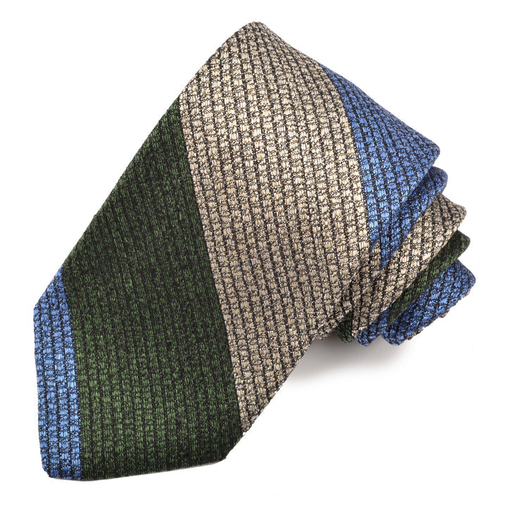 Forest, Denim, and Latte Melange Multi Bar Stripe Woven Silk, Linen, and Cotton Jacquard Tie by Dion Neckwear