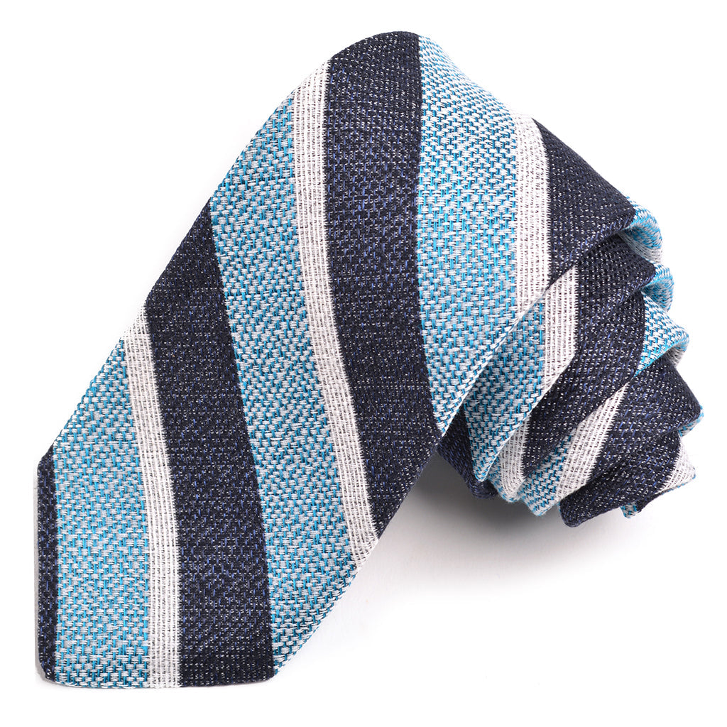 Navy, Aqua, and Latte Mélange Bar Stripe Woven Cotton, Silk, and Linen Tie by Dion Neckwear