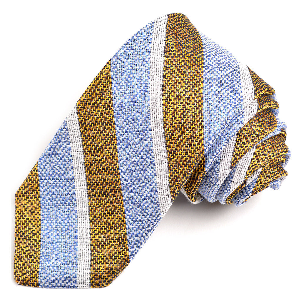 French Blue, Yellow, and Latte Mélange Bar Stripe Woven Cotton, Silk, and Linen Tie by Dion Neckwear