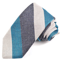 Navy and Aqua Textured Thick Bar Stripe Woven Cotton, Silk, and Linen Tie by Dion Neckwear