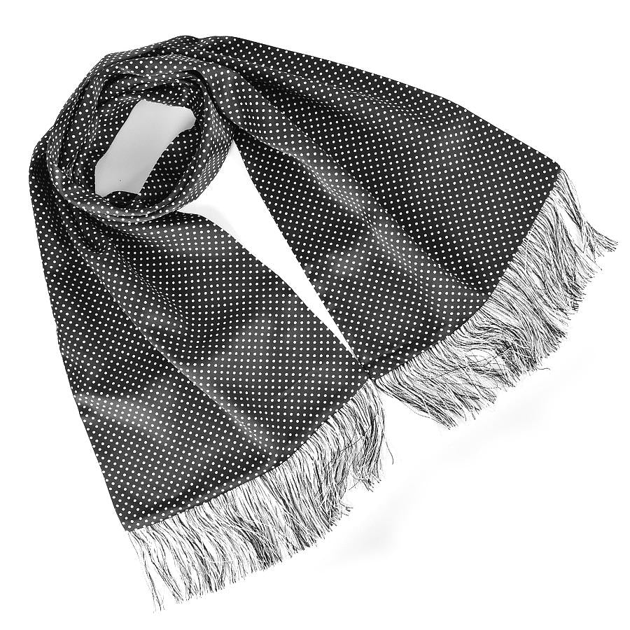 Pure Italian Silk Scarf with Fringe in Black with White Dot by Dion