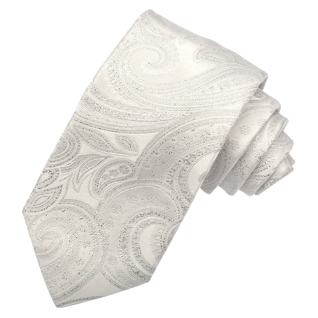 White and Silver Metallic Lurex Paisley Woven Silk Jacquard Tie by Dion Neckwear