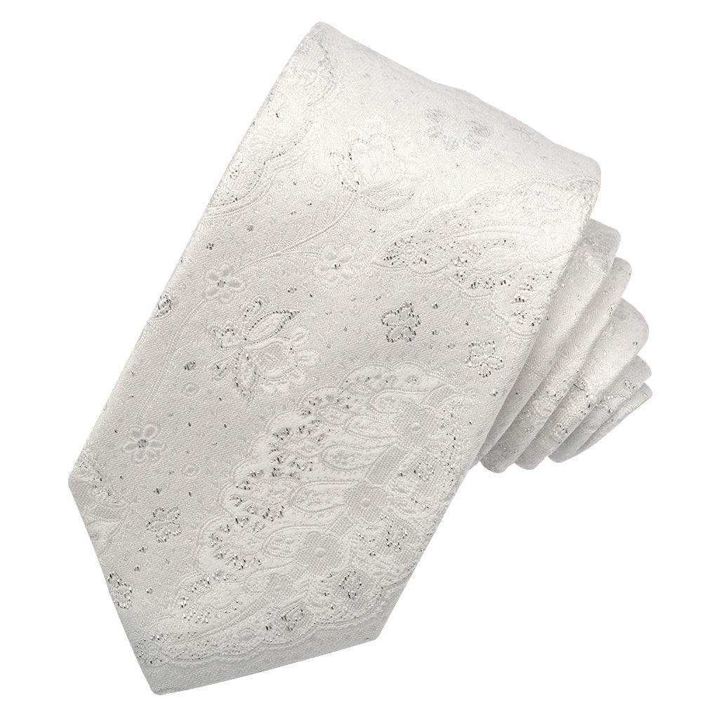 Pearly White and Silver Metallic Lurex Tonal Floral Paisley Woven Silk Jacquard Tie by Dion Neckwear