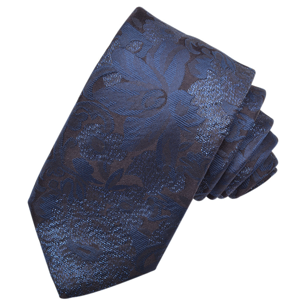Indigo with Navy Metallic Lurex Floral Woven Silk Jacquard Tie by Dion Neckwear