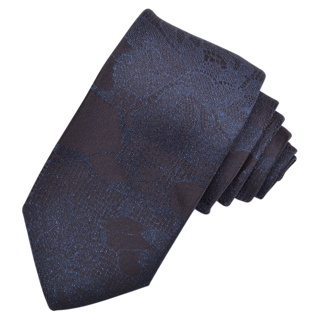 Midnight Navy with Navy Metallic Lurex Floral Woven Silk Jacquard Tie by Dion Neckwear