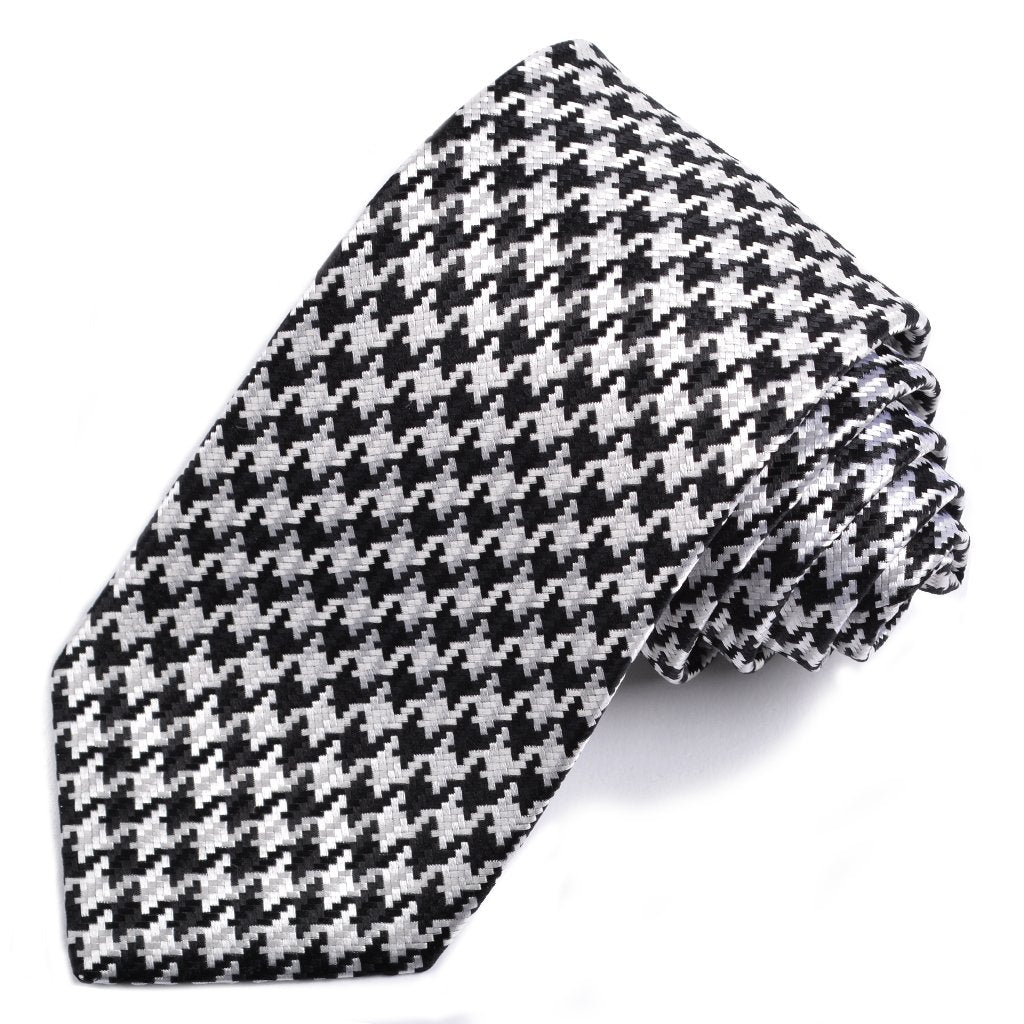 Black and White Large Houndstooth Woven Silk Jacquard Tie by Dion Neckwear
