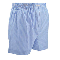 Bar Stripe Cotton Jacquard Boxer Shorts in French Blue and Latte by Dion