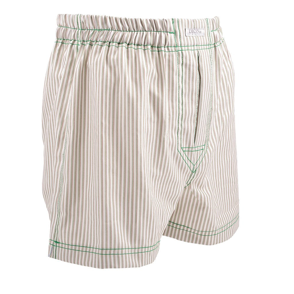 Fine Stripe Cotton Jacquard Boxer Shorts in Forest and Mocha by Dion
