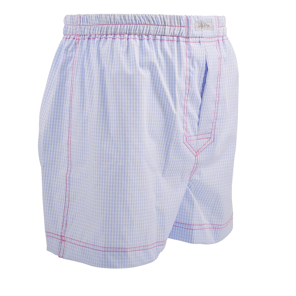 Double Bar Check Cotton Jacquard Boxer Shorts in Sky Blue by Dion
