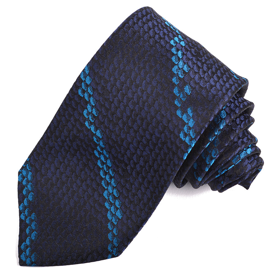 Navy, Black, and Turquoise Snakeskin Stripe Woven Silk Jacquard Tie by Dion Neckwear