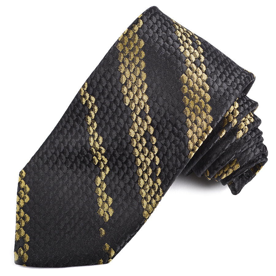 Charcoal, Gold, and Black Snakeskin Stripe Woven Silk Jacquard Tie by Dion Neckwear