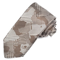 Khaki, Tan, and Silver Houndstooth Army Overprint Silk Tie by Dion Neckwear