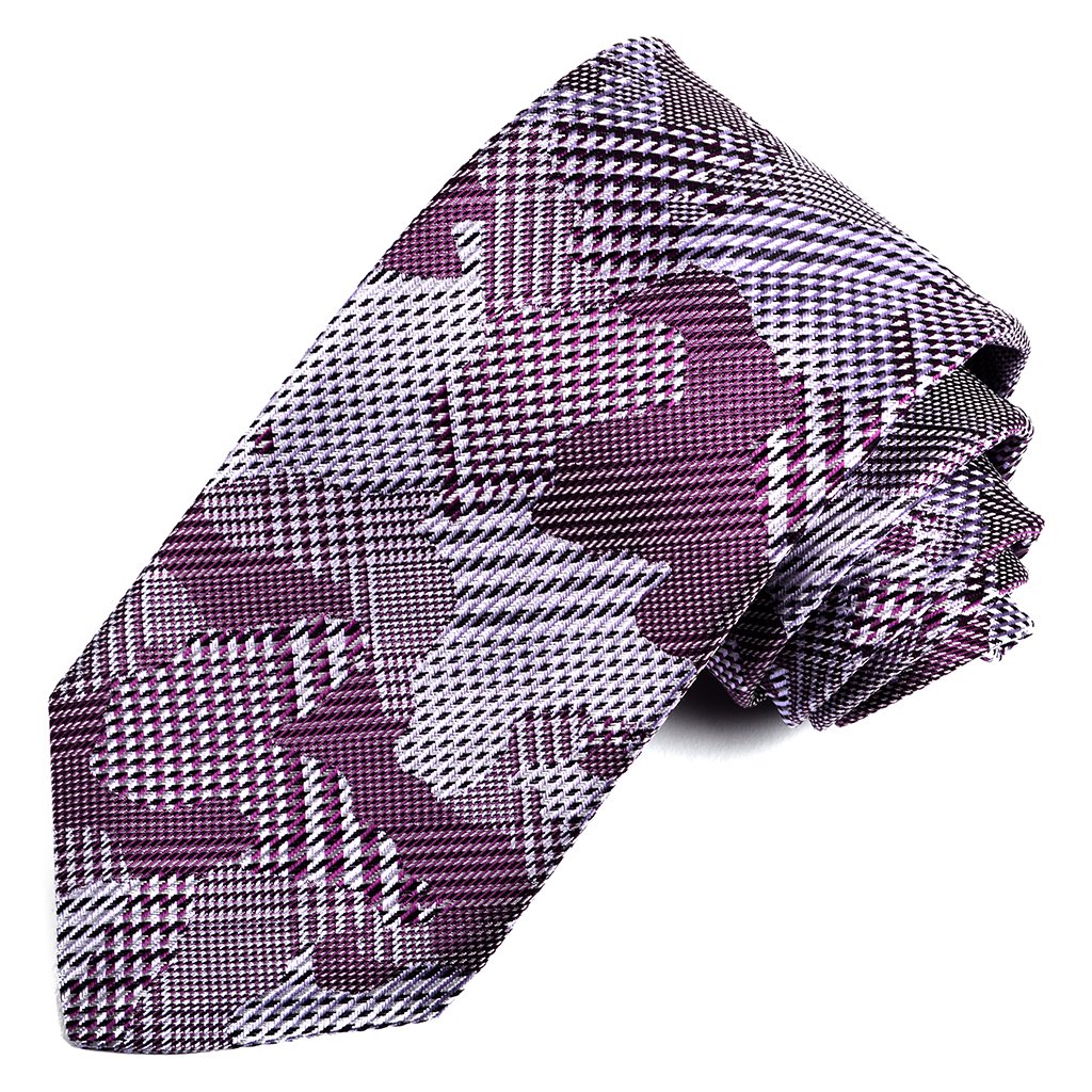 Purple, Lilac, and Silver Houndstooth Army Overprint Silk Tie by Dion Neckwear